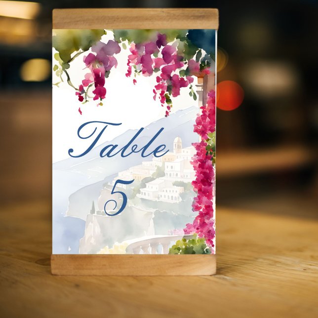 Numéro De Table La côte amalfitaine Méditerranéenne (Amalfi coast Mediterranean Italian themed bridal shower Table Number cards bougainvillea coast view )