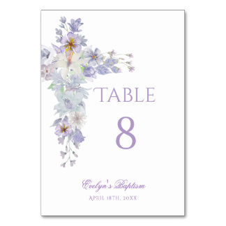 Numéro De Table Lavender Floral Cross Baptism Table Number