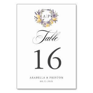 Numéro De Table Lavender Lemon Monogram Floral Crest Mariage