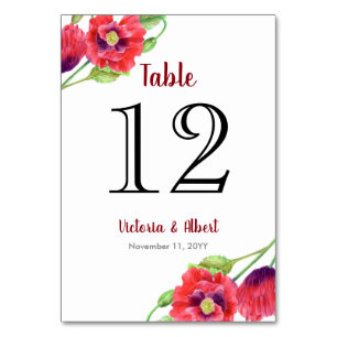 Numéro De Table Le Mariage d'art floral Watercolor Red Poppies