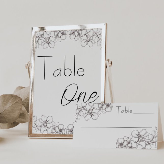Numéro De Table Ligne Art Floral Mariage Réception Places (table numbers wedding floral line art black and white script)