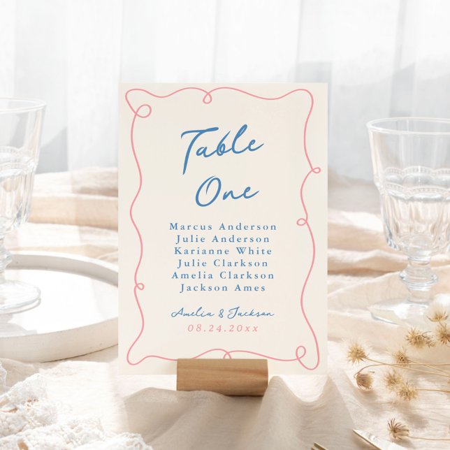 Numéro De Table Main Whimsical Tirée Bleu & Rose (Créateur téléchargé)