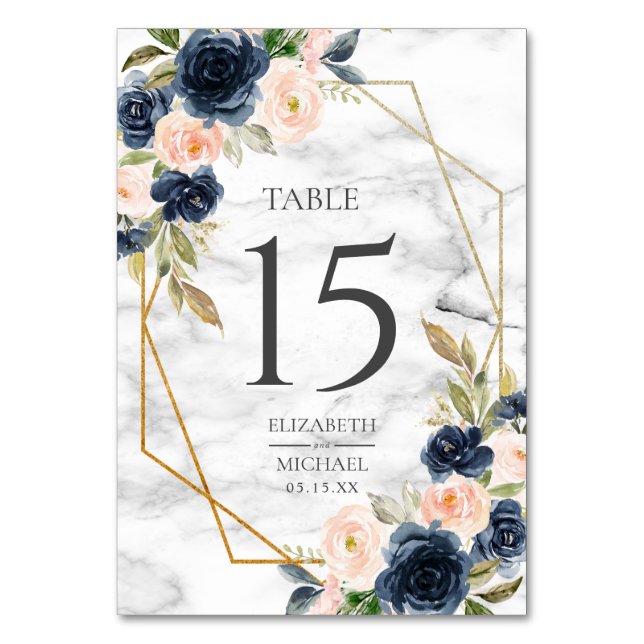 Numéro De Table Marbre bleu bleu marine Mariage géométrique floral (Par défaut)