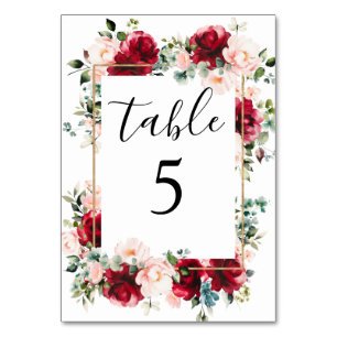 Numéro De Table Mariage à l'aquarelle élégant bordeaux et rose blu
