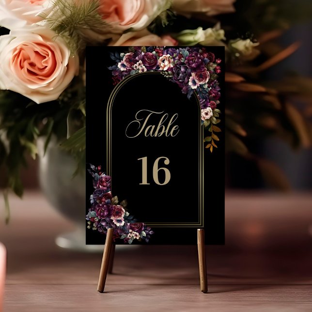 Numéro De Table Mariage à l'arche florale noire et burgonde violet (Créateur téléchargé)