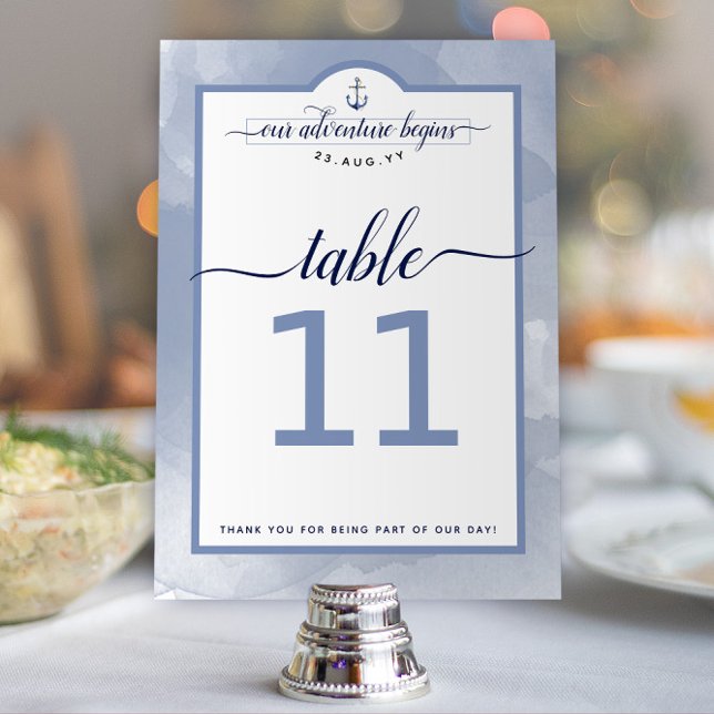 Numéro De Table Mariage à thème nautique et marine en aquarelle bl (Nautical Dusty Blue Watercolor Event / Wedding Table Numbers)