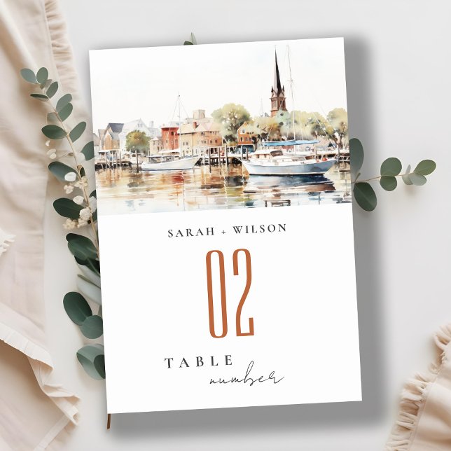 Numéro De Table Mariage Aquarelle Élégant Annapolis Maryland (Créateur téléchargé)