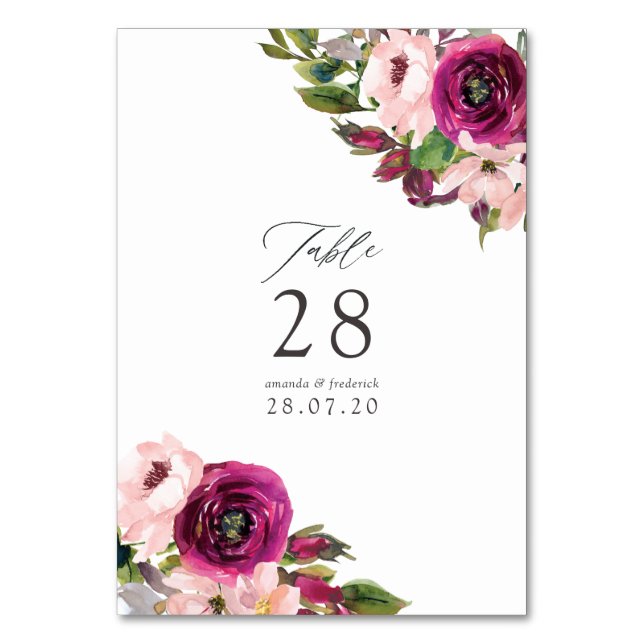 Numéro De Table Mariage aquarelle Marsala et floral rose (Par défaut)
