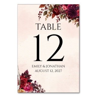 Numéro De Table Mariage Automnal Botanique Rose Bourgogne