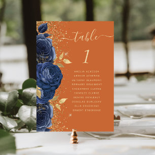 Numéro De Table Mariage bleu marine or floral orange brûlé