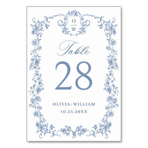 Numéro De Table Mariage Bleu Poussiéreux à Fleurs de Grâce Ornée V