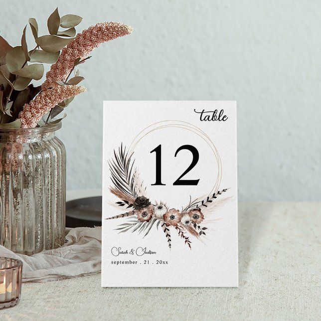 Numéro De Table Mariage Bohème Floral Noir et Naturel (Créateur téléchargé)