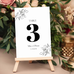Numéro De Table Mariage botanique minimaliste noir et blanc