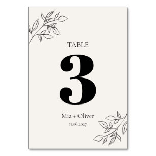 Numéro De Table Mariage botanique minimaliste noir et crème
