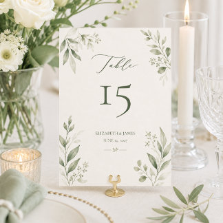 Numéro De Table Mariage Botanique Vert Sauge Minimaliste