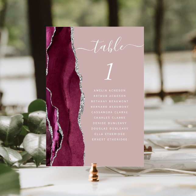 Numéro De Table Mariage Bourguignon Argent Agate Rose Poussiéreuse (Créateur téléchargé)