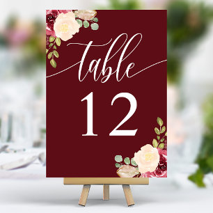 Numéro De Table Mariage Calligraphie Florale Merlot Rouge Profond