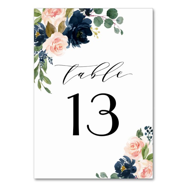 Numéro De Table Mariage campagnard floral bleu marine et rose pâle (Par défaut)