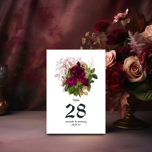 Numéro De Table Mariage Champêtre Doré Bourgogne Rose (Créateur téléchargé)