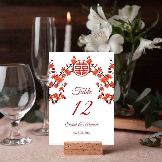 Numéro De Table Mariage chinois blanc en fleurs de cerisier rouge (Créateur téléchargé)