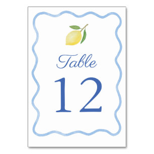Numéro De Table Mariage Citron Citrus Bordure Bleue Ondulée Bohème