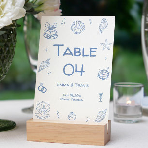 Numéro De Table Mariage côtier bleu Dusty tiré à la main