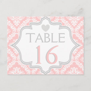 Numéro de table mariage damassé rose, blanc, gris