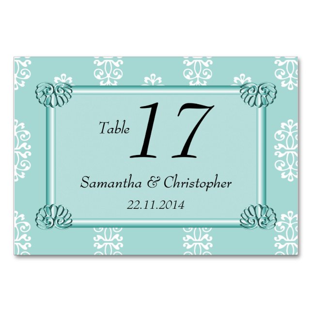 Numéro De Table Mariage damassé turquoise (Devant)
