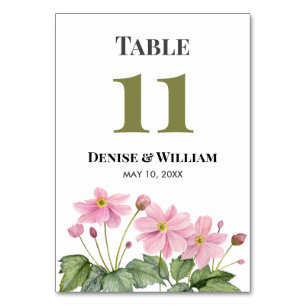 Numéro De Table Mariage d'anémone japonais rose aquarelle