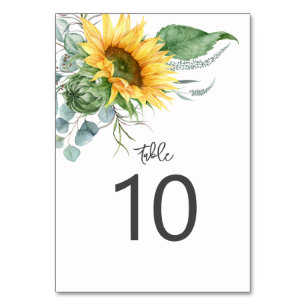 Numéro De Table Mariage d'aquarelle rustique de tournesol Eucalypt