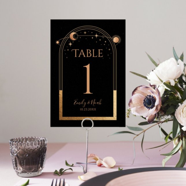 Numéro De Table Mariage d'astronomie mystique Black Gold Sun Moon (Créateur téléchargé)