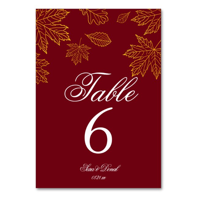 Numéro De Table Mariage d'automne en Bourgogne et feuilles d'or (Dos)