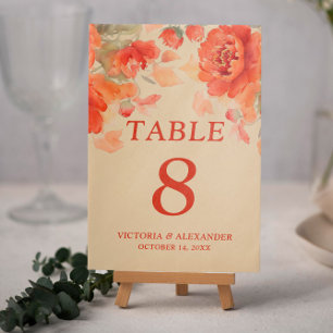 Numéro De Table Mariage de automne Floral Orange Brûlé