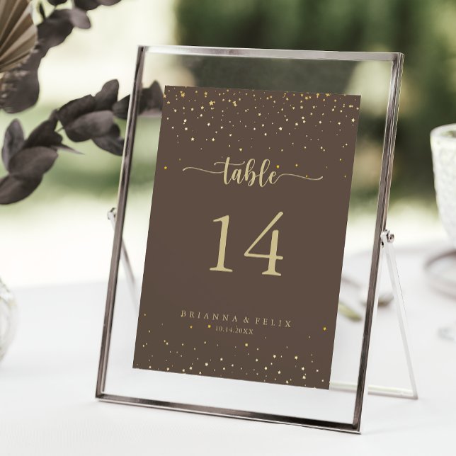 Numéro De Table Mariage de calligraphie Brown Gold Confetti (Créateur téléchargé)