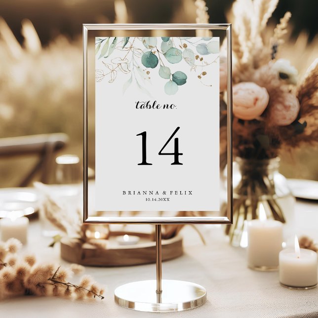 Numéro De Table Mariage de calligraphie florale d'or Eucalyptus ru (Créateur téléchargé)