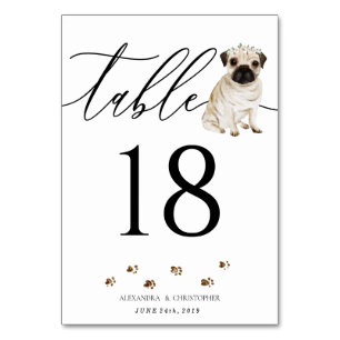Numéro De Table Mariage de chiot chien Pug Calligraphie Signature