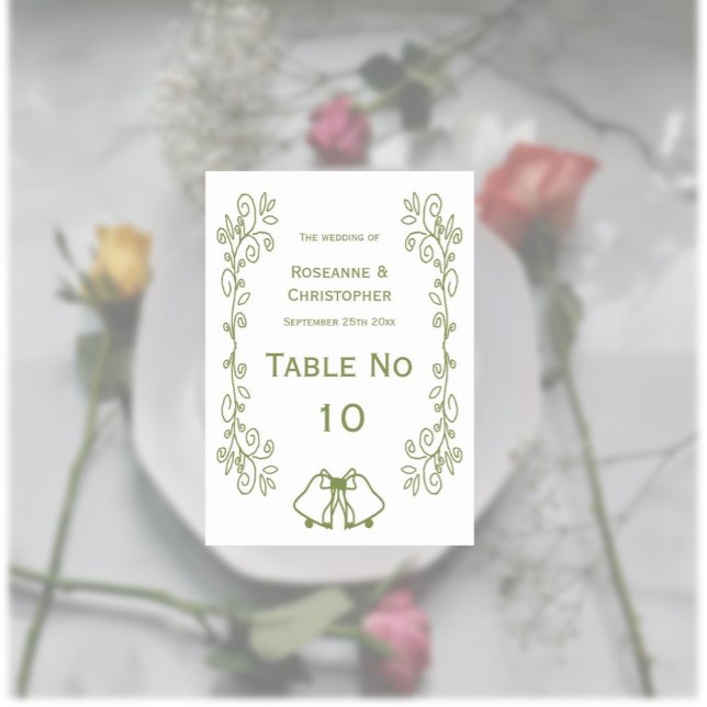 Numéro De Table Mariage de conception Sage Bells Sollwork (Sage wedding table number bells and scrollwork design)