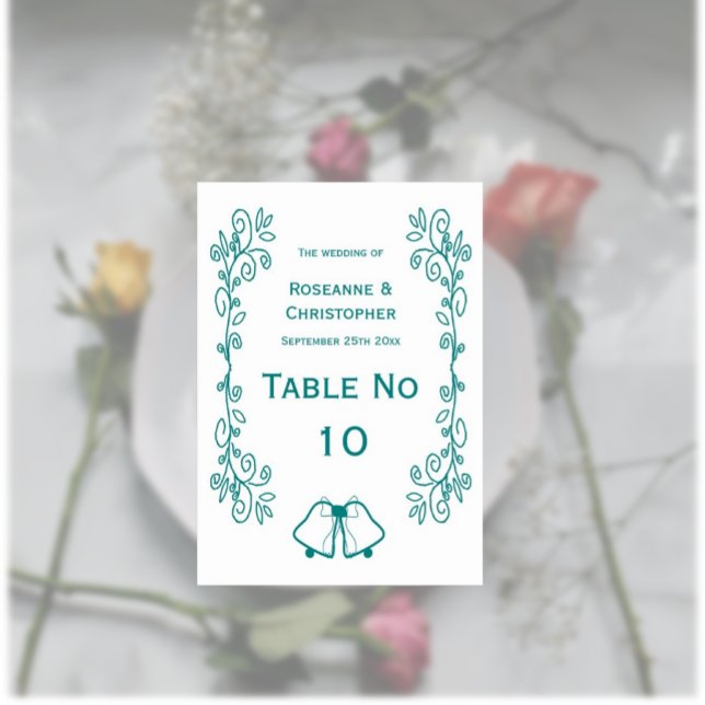 Numéro De Table Mariage de conception turquoise pour le défilement (Teal wedding table number bells and scrollwork design)