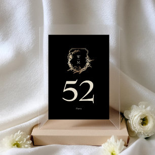 Numéro De Table Mariage de couronne d'or Monogramme noir et crème