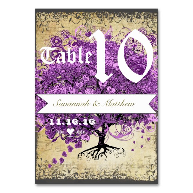 Numéro De Table Mariage de feuille d'arbre de coeur violet radiant (Par défaut)