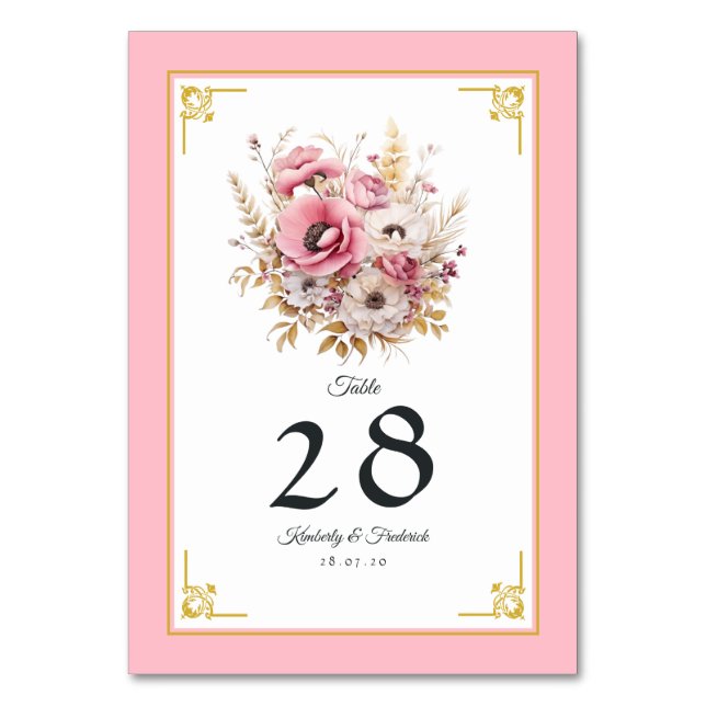Numéro De Table Mariage de fleurs rose et or (Par défaut)