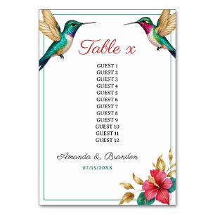 Numéro De Table Mariage de fleurs tropicales rouges des colibris v