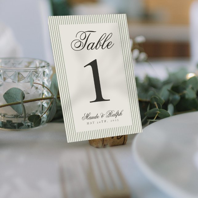 Numéro De Table Mariage de la bande verte de l'argent ancien intem (Guide guests to their seats using these Timeless Old Money Thin Stripe Wedding Table Numbers! )