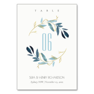 NUMÉRO DE TABLE MARIAGE DE LAVAGE DE COULEUR D'EAU EN FOLIAGE BLEU