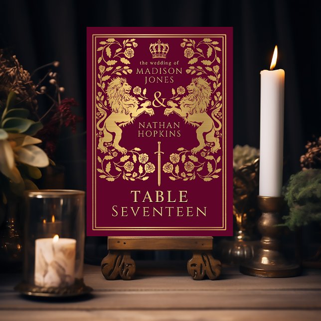 Numéro De Table Mariage de Lion médiéval royal rouge (Créateur téléchargé)