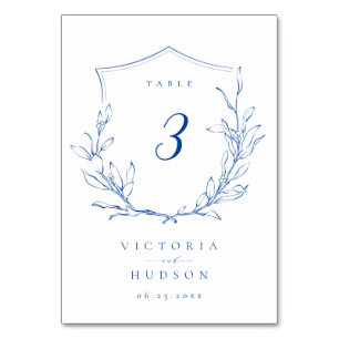 Numéro De Table Mariage de monogramme bleu simple de crête botaniq