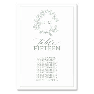 Numéro De Table Mariage de monogramme de crête verte Sage