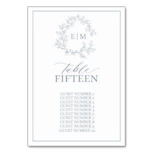 Numéro De Table Mariage de monogramme en poitrine bleue Dusty