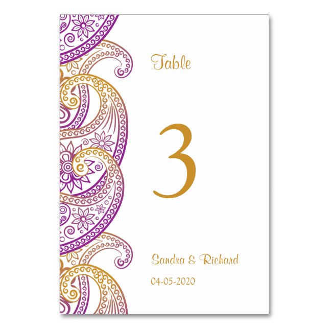 Numéro De Table Mariage de Paisley indien violet et or (Par défaut)