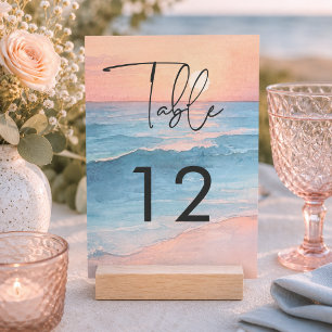 Numéro De Table Mariage de plage à l'aquarelle au coucher du solei